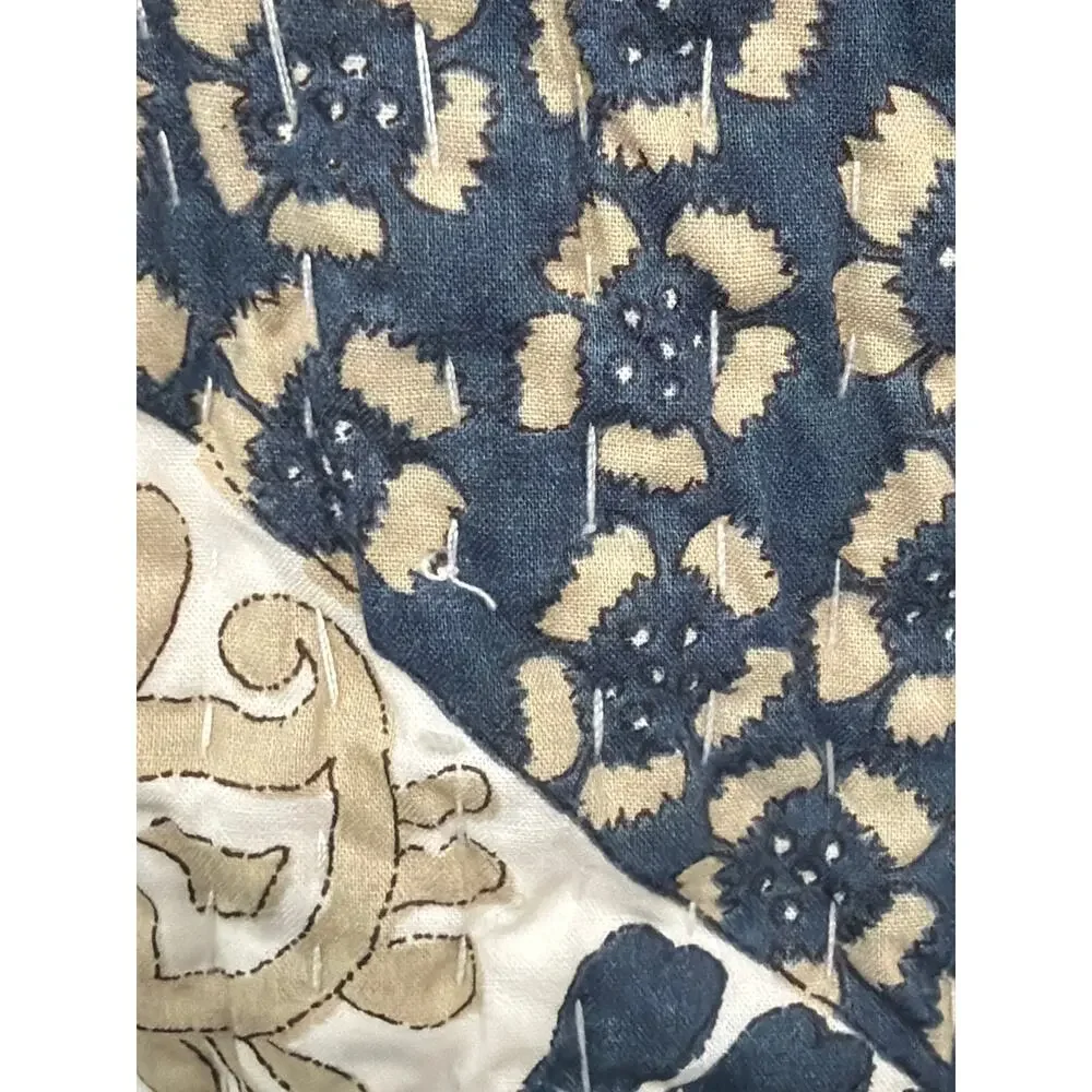 Williams Sonoma Diagonal Vine Floral 6 Placemat Table Runner Set Navy Beige